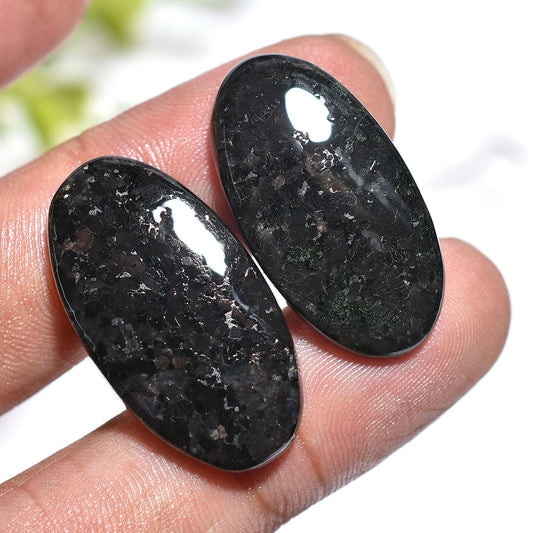 Genuine Nuummite Cabochon Pair –  Wholesale Shiny Black Oval Gemstones for Crafts