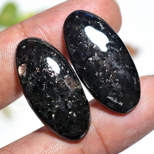 Oval Shape Nuummite Gemstone Pair  – Black Cabochon with Golden Flash