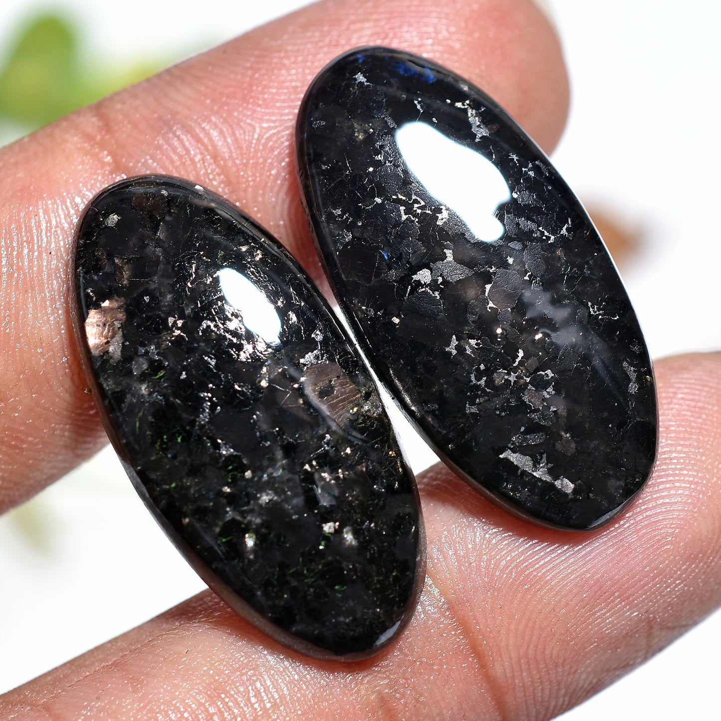 Oval Shape Nuummite Gemstone Pair  – Black Cabochon with Golden Flash