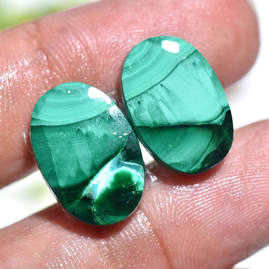 High-Quality Oval Malachite Cabochon Pair – Unique Green Gemstones