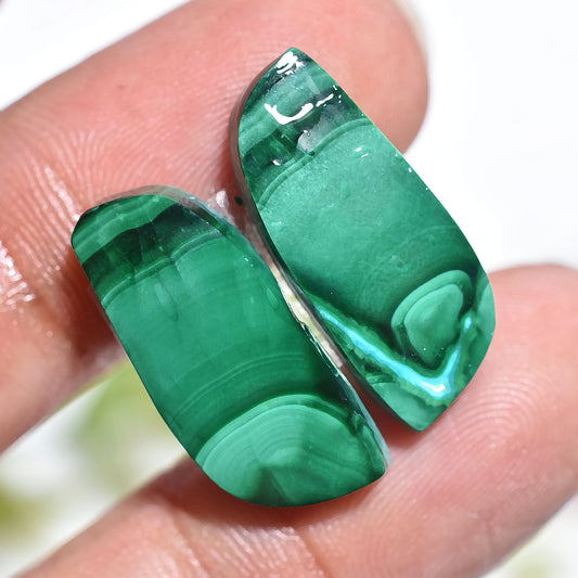 Fancy Cut Malachite Cabochon Pair – Natural Polished Green Gemstones