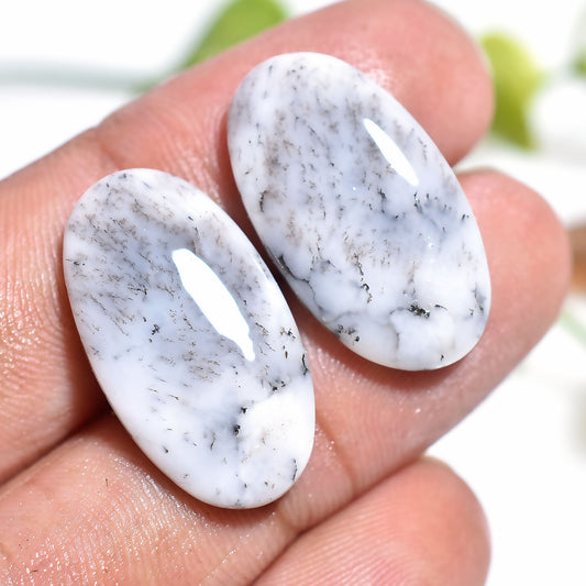 White & Black Dendrite Opal Pair – Matching Oval Cabochons for Wholesale Supply