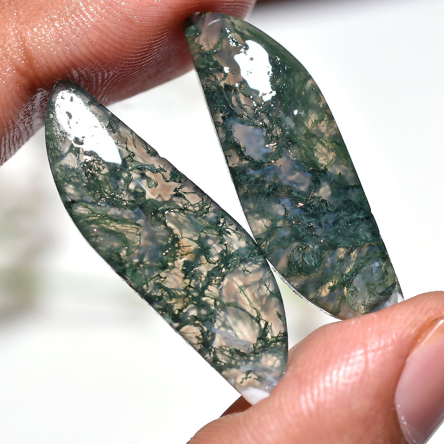 Rare Moss Agate Earrings Pair - Fancy Shaped Matching Set for Jewelry Making
