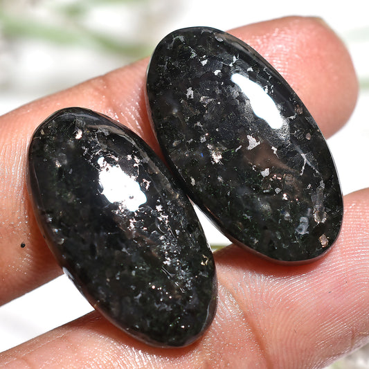 Beautiful Nuummite Oval Gemstone Pair – Black Cabochons with Golden Spark
