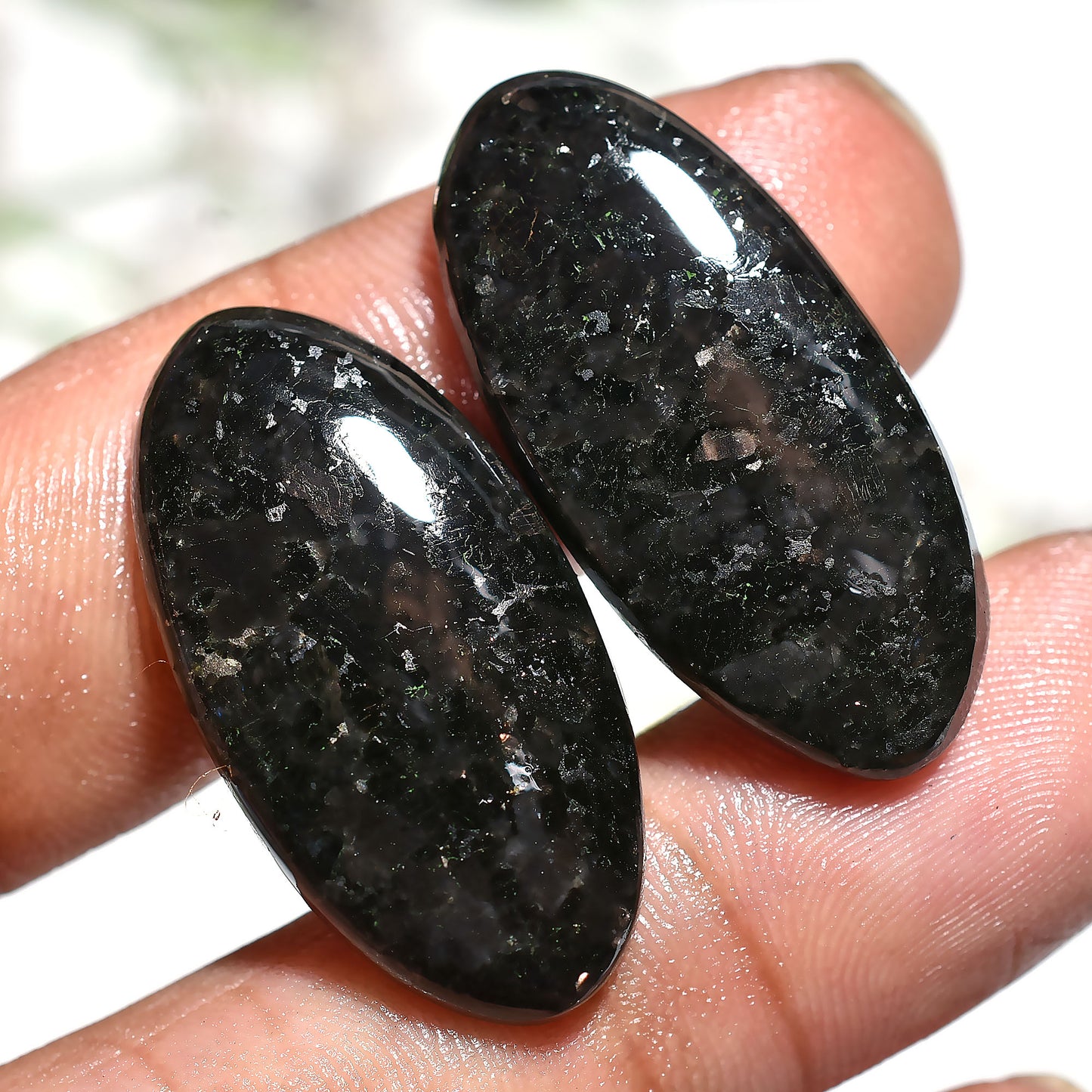 Oval Shape Nuummite Pair Gemstones – Rare Black Cabochon with Golden Flash