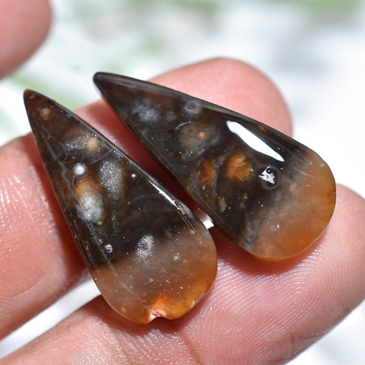 Elegant Palm Root Agate Pair – Teardrop Shaped Cabochons for Earrings