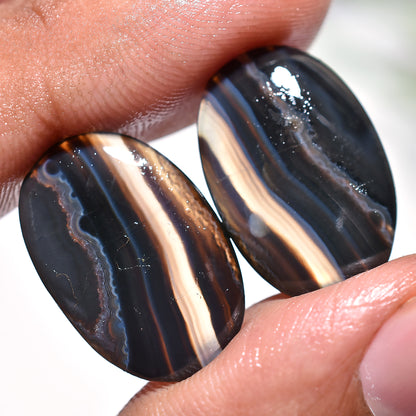 Striking Black Banded Agate Fancy Matched Gemstone Pair For Statement Earrings