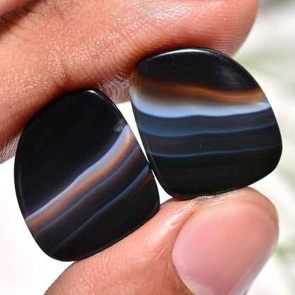 Striking Black Banded Agate Fancy Matched Gemstone Pair For Statement Earrings