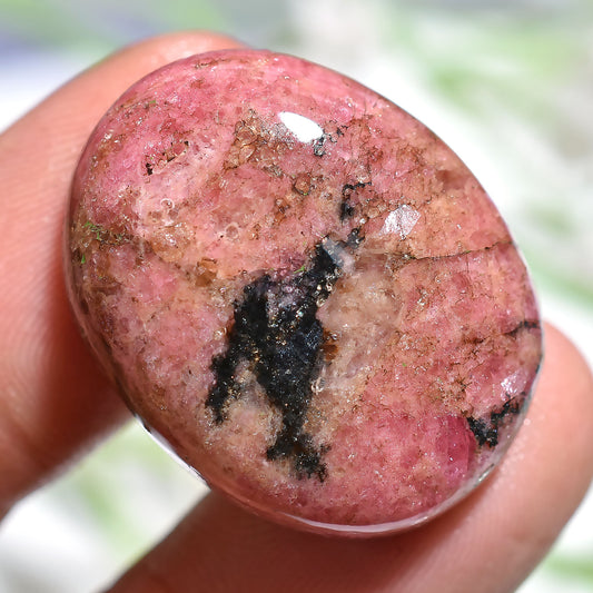 Natural Rhodochrosite Gemstone Pair – Oval Pink & Black Cabochons  	20x26x4mm,/49ct