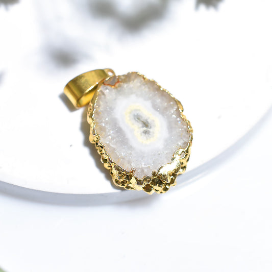 White Solar Quartz Gold Plated Pendant – Natural Crystal Shiny Gemstone Locket