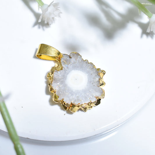 Elegant White Solar Quartz Pendant – Natural Crystal Sparkle Electroplated Gemstone
