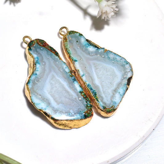 Aqua Blue Solar Quartz Cabochon Pair –  Wholesale Golden Electroplated Jewelry Gemstones