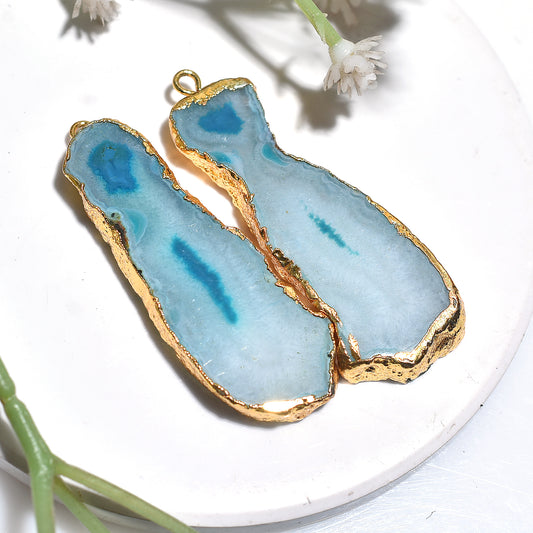 Unique Golden Electroplated Solar Quartz Pair – Sky Blue Crystal Slice Gemstones for Jewelry