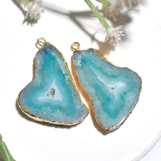 High Quality Golden Electroplated Solar Quartz Pair – Sky Blue Druzy Crystal Slice Gemstone Set