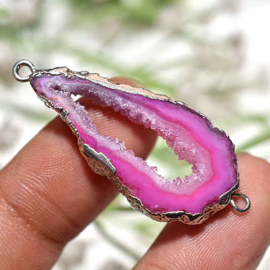Beautiful Pink Window Druzy Solar Quartz Double Bail Connector- Wholesale Silver Electroplated Connector Supply
