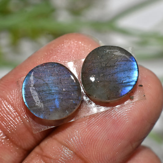 Natural Labradorite Round Gemstone Pair | Blue Flash Cabochons for Jewelry