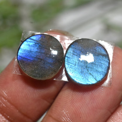 Natural Labradorite Round Gemstone Pair | Blue Flash Cabochons for Jewelry