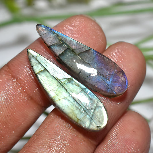 Labradorite Fancy Cabochon Pair | Rainbow Flash Crystal Stones(8x28x3mm,/19ct)
