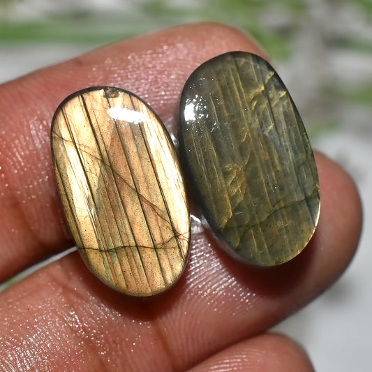 Natural Labradorite Cabochon Pair | Shimmering Crystal Stones(10x18x5mm,/24ct)