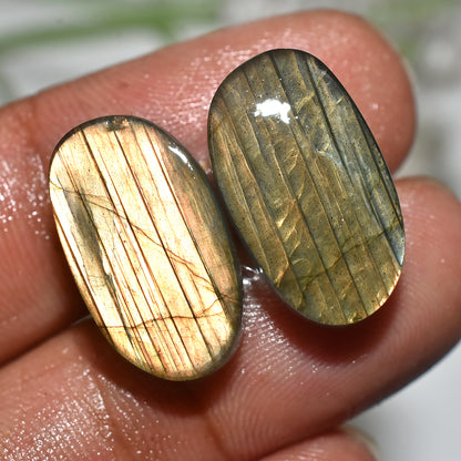 Natural Labradorite Cabochon Pair | Shimmering Crystal Stones(10x18x5mm,/24ct)