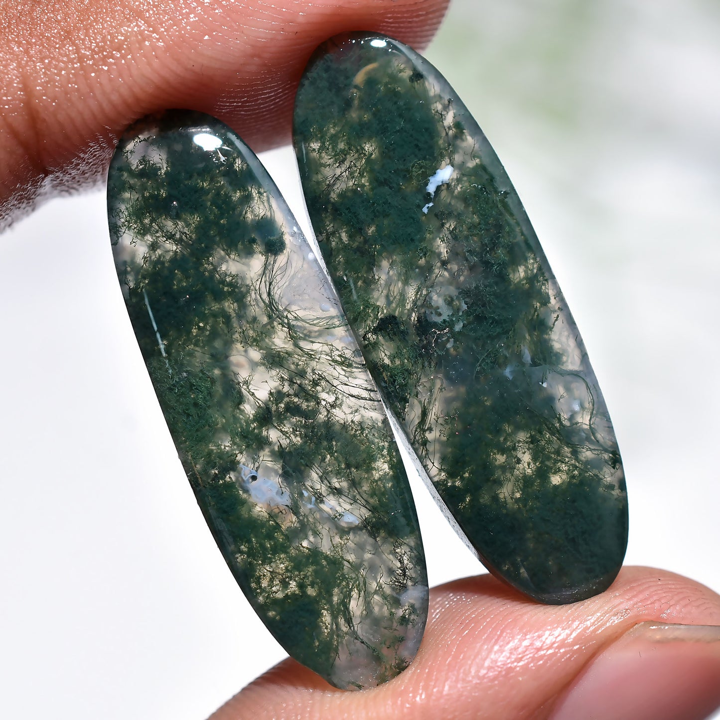 100% Natural Green Moss Agate Gemstone Pair – Smooth Flat Back Crystals for Earrings