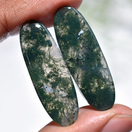 100% Natural Green Moss Agate Gemstone Pair – Smooth Flat Back Crystals for Earrings