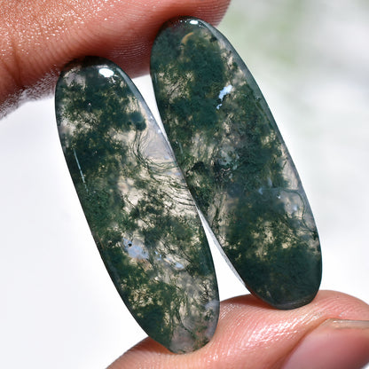 100% Natural Green Moss Agate Gemstone Pair – Smooth Flat Back Crystals for Earrings