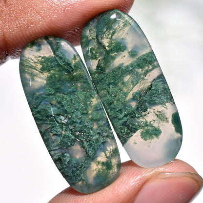 AAA Quality Moss Agate Gemstone Pair – Smooth Oval Cabochons for Custom Jewelry