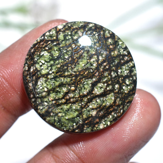 Natural Green Lizard Skin Jasper – Round Polished Cabochon (27x27x3mm,/39ct)