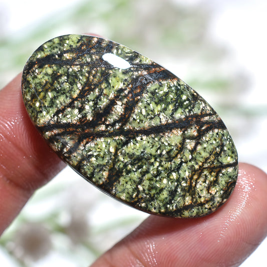 Oval Green Lizard Skin Jasper Cabochon – Smooth Polished Gemstone for Jewelry Making (20x37x3mm,/36ct)