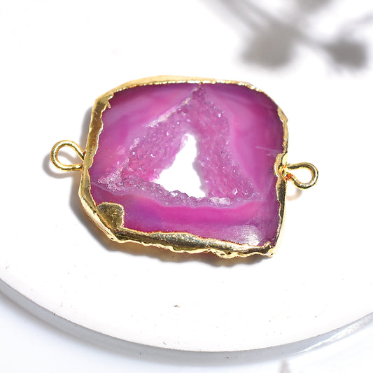 Natural Pink Druzy Solar Quartz Stone Connector, Crystal Sparkling Double Bail Connector For Craft