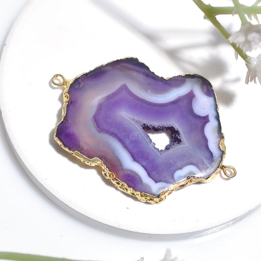 Violet Solar Quartz Connector, Wholesale Gold Electroplated Gemstone Double Bail Pendant