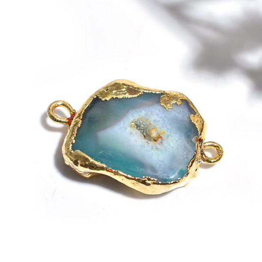 Natural Druzy Blue Solar Quartz Connector – Golden Electroplated Gemstone for Crafts