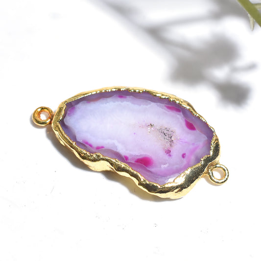 Pink Druzy Solar Quartz Connector – Golden Electroplated Gemstone for Jewelry