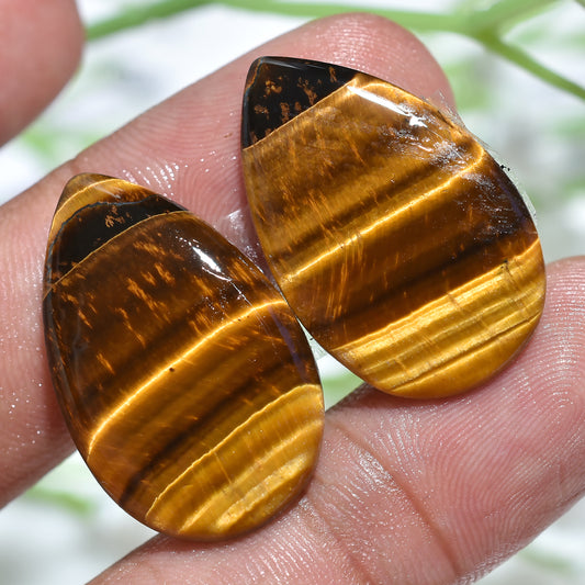 Natural Pear Shaped Tiger Eye Gemstones – Matched Cabochons for Earrings & Custom Designs