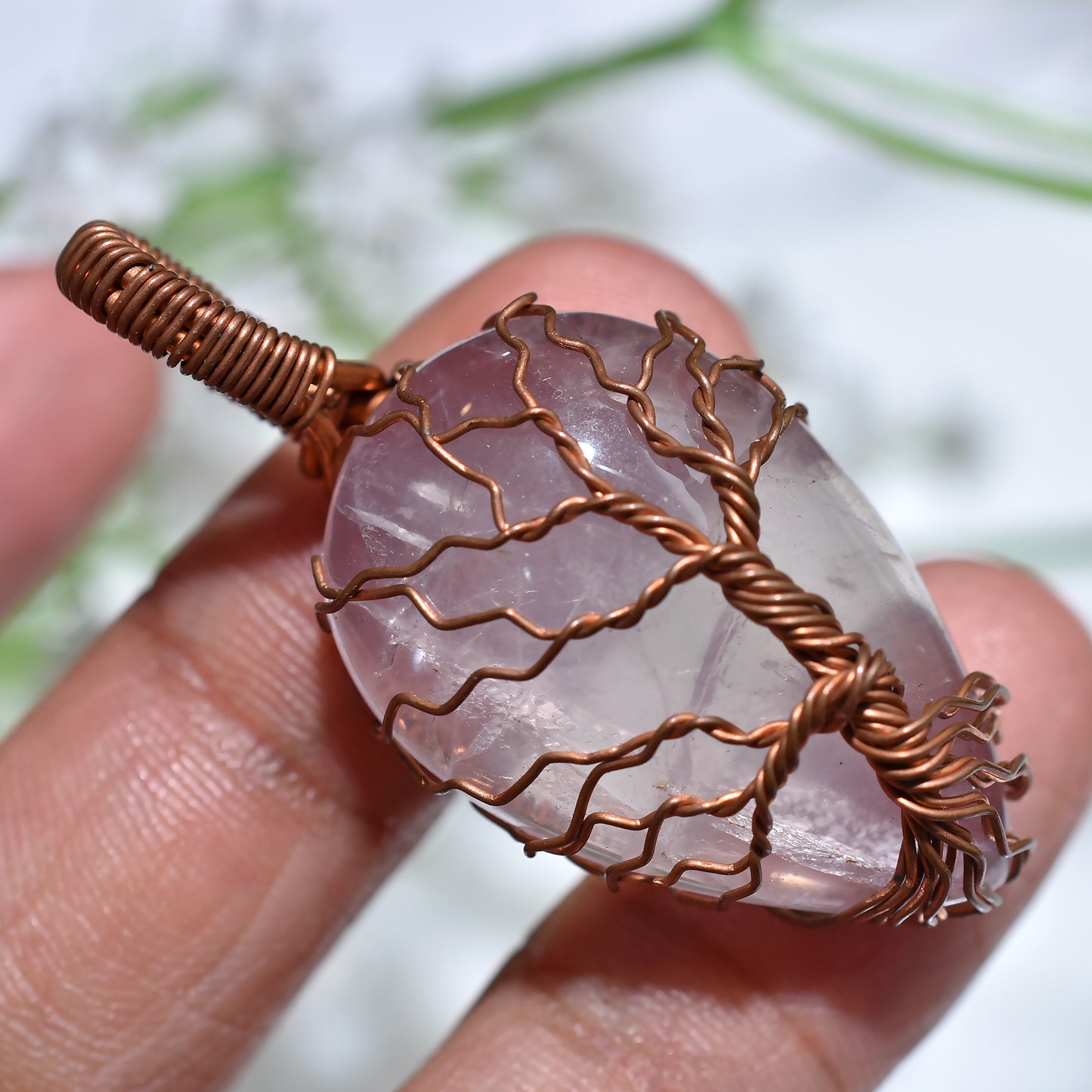 Handmade Rose Quartz Stone Pendant – Copper Wire Wrapped Healing Crystal Necklace(18x35x6mm,/62ct)