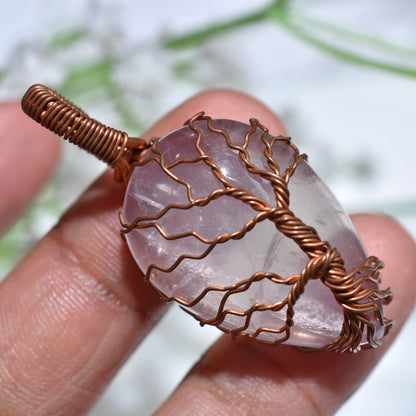 Handmade Rose Quartz Stone Pendant – Copper Wire Wrapped Healing Crystal Necklace(18x35x6mm,/62ct)