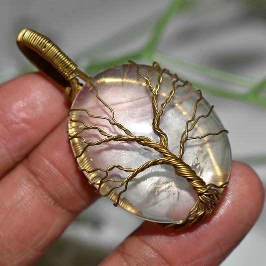 Stunning Rose Quartz Stone Pendant – Tree of Life Gold Wire Wrapped Necklace(28x52x4mm,/54ct)
