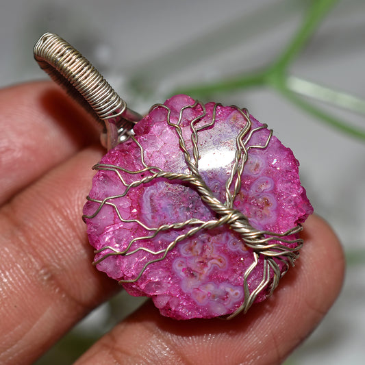 Sparkling Pink Solar Quartz Gemstone – Silver Wire Wrapped Pendant Jewelry(23x37x4mm,/40ct)