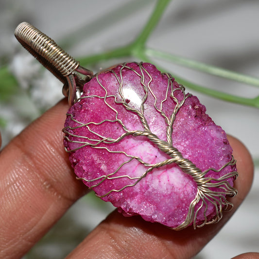 Lovely Pink Solar Quartz Gemstone – Silver Wire Wrapped Pendant Jewelry(25x49x5mm,/49ct)