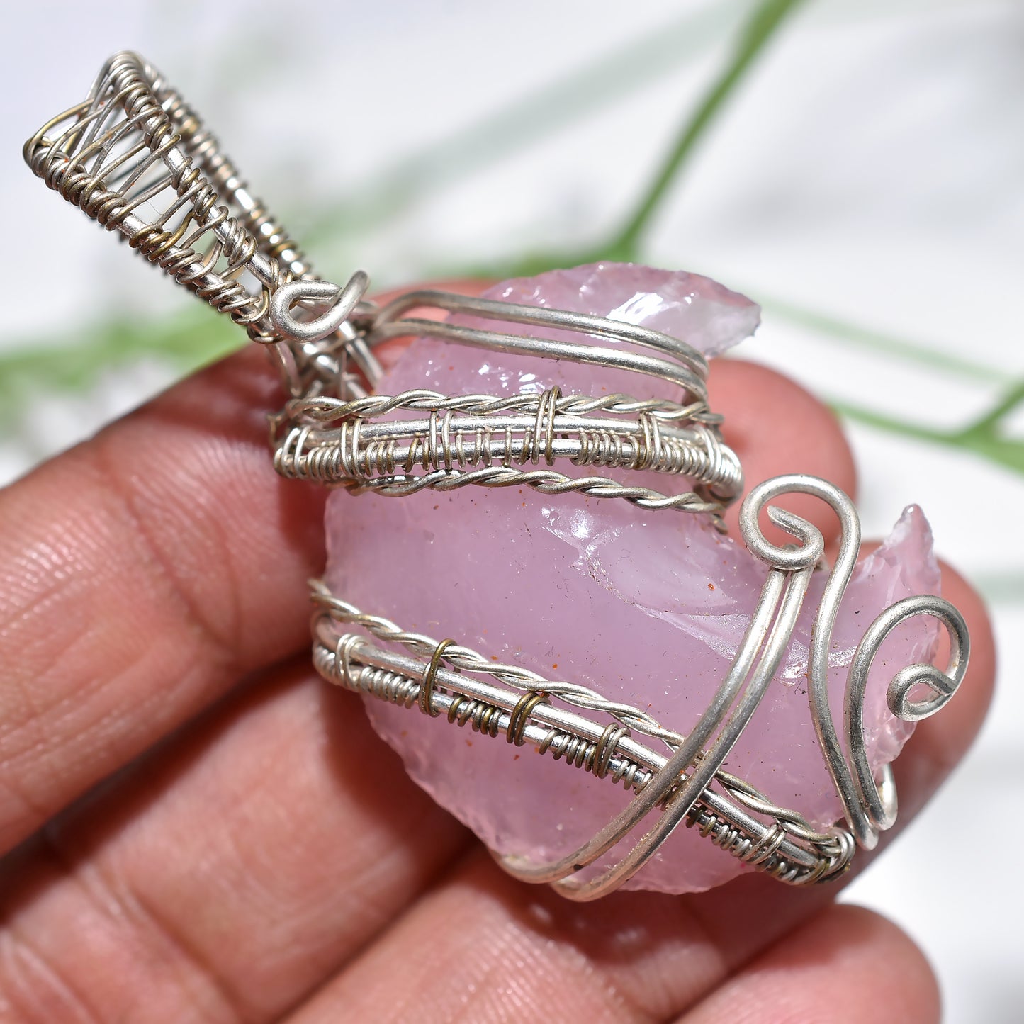 Elegant Rose Quartz Crescent Pendant-Silver Wire Wrapped Half Moon Stone (25x58x5mm,/69ct)