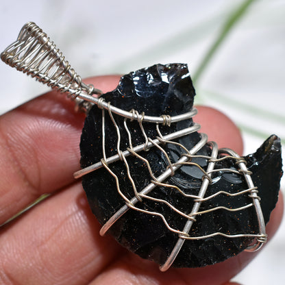 Handcrafted Black Obsidian Crescent Moon Pendant – Unique Wire Wrapped Healing Necklace