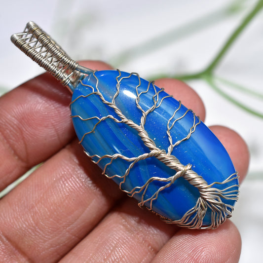 Spiritual Blue Agate Gemstone – Wire Wrapped Tree of Life Energy Pendant (17x55x8mm,/62ct)