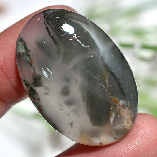 Natural Moss Agate Cabochon, Smooth Polished Loose Gemstone (24x36x3mm,/45ct)