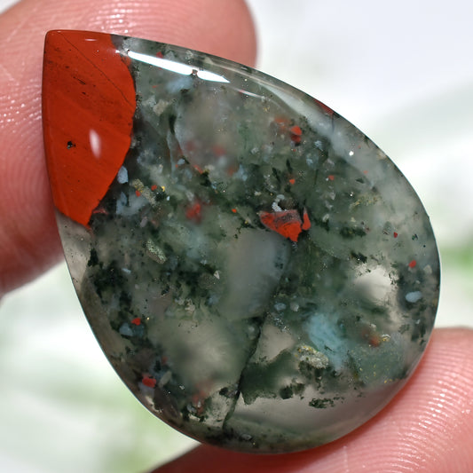 Natural Moss Agate Teardrop Cabochon with Red Jasper Polished Loose Gemstone