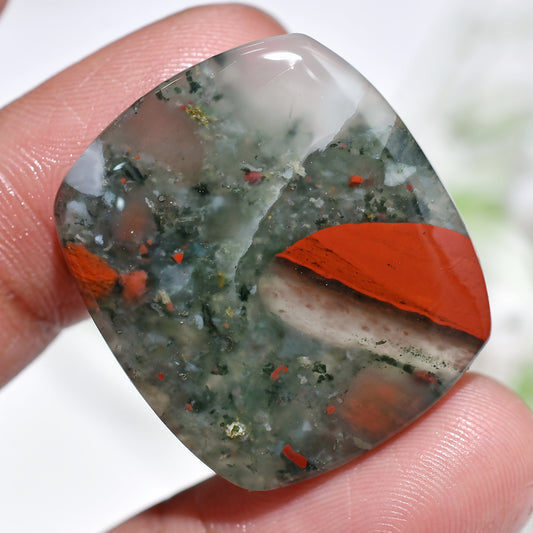 Natural Moss Agate Cabochon with Red Jasper Inclusions - Square Loose Stone for Jewelry