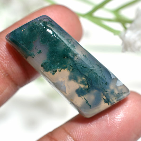Moss Agate Loose Cabochon, Natural Smooth Polished Stone (15x34x7mm,/42ct)