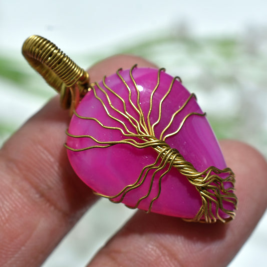 Handmade Pink Agate Tree of Life Pendant – Golden Wire Wrapped Gemstone Necklace(20x40x5mm,/35ct)