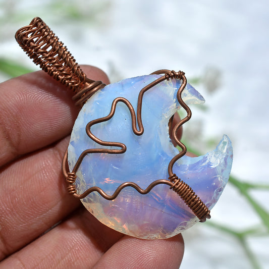 Elegant Opalite Crescent Moon Gemstone Pendant Copper Wire Wrapped Crystal  (22x55x5mm,/61ct)