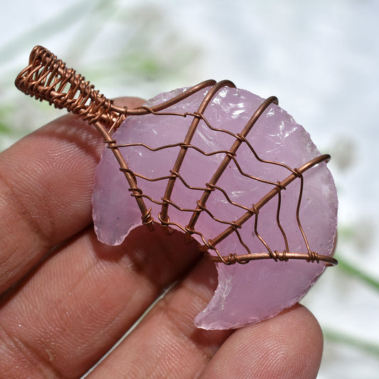 Natural Rose Quartz Crescent Moon Gemstone -Copper Wire Wrapped Pendant Jewelry(23x52x4mm,/60ct)